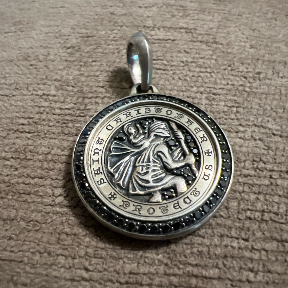 David Yurman Silver St. Christopher Pendant with Black Diamonds and box chain